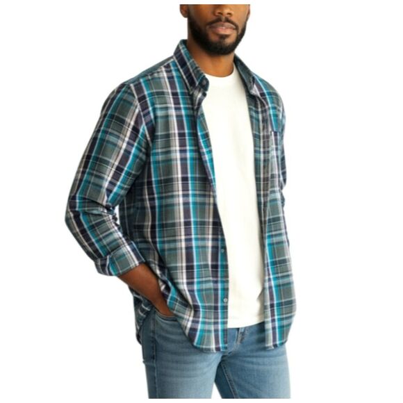 Van Heusen Classic Fit Plaid Checkered Button-Down Shirt Sz XL - Teal Navy Gray - Picture 2 of 13